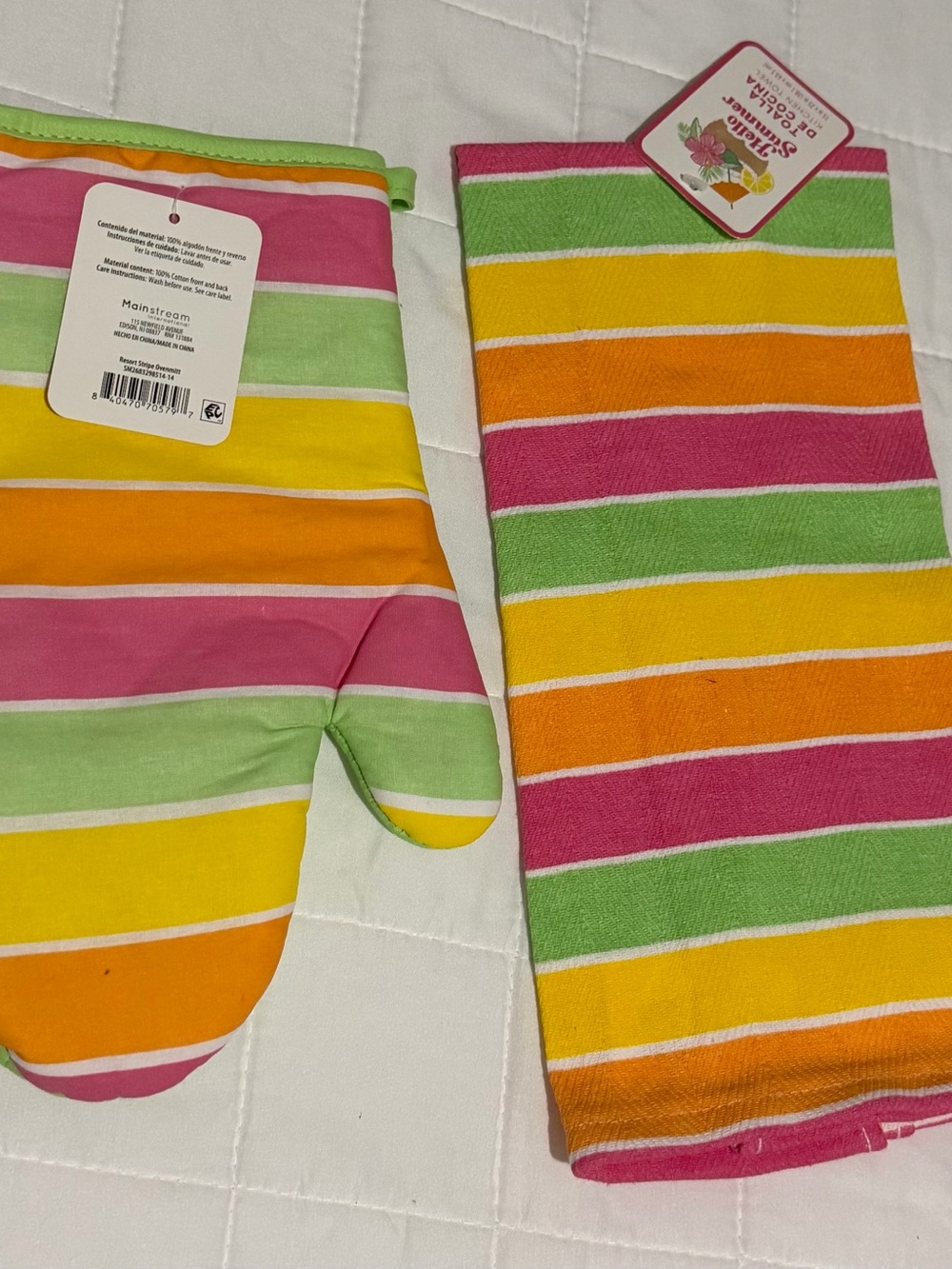 Striped Oven Mitt and Towel Set in Pink, Green & Yellow - Mainstays